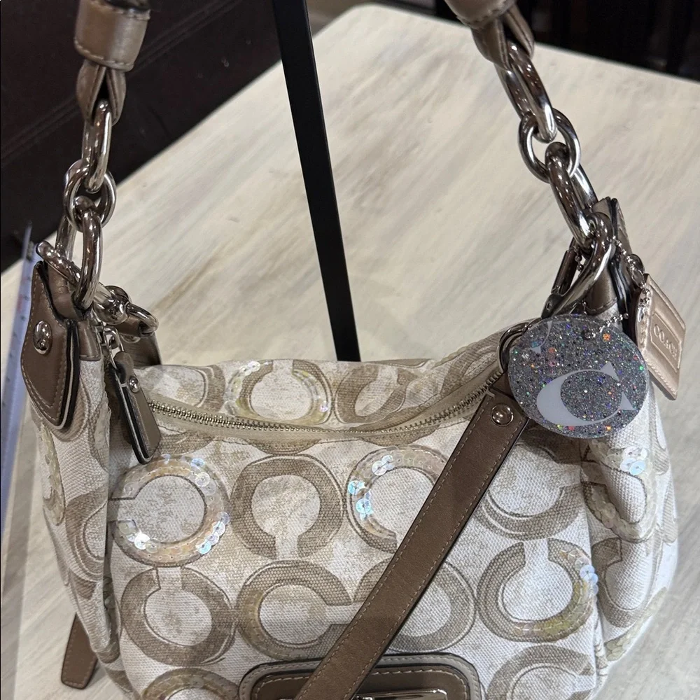 Coach Kristin Cream and Tan Signature Sequin Hobo Bag-EUC